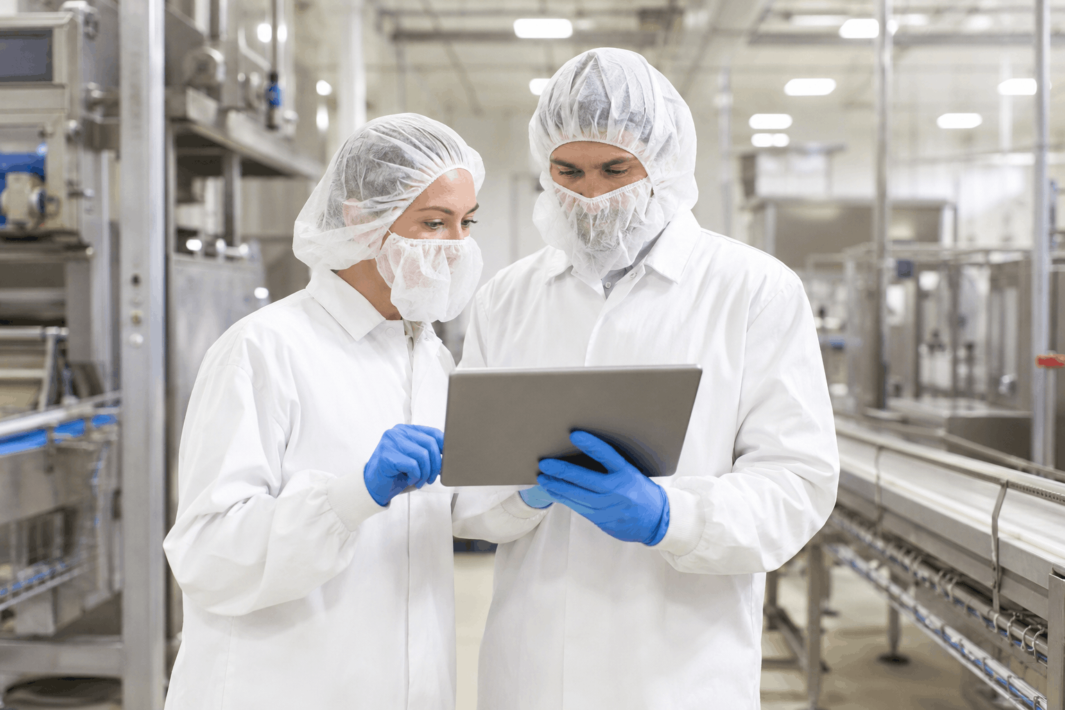 Two workers with tablet in facility