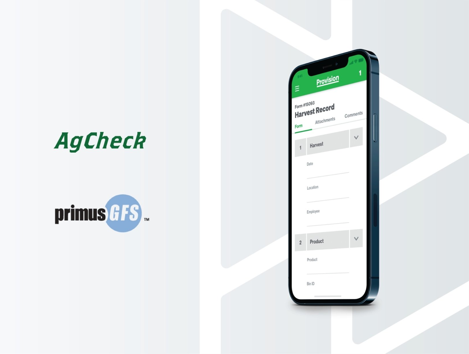 agcheck and primusgfs logos beside harvest record form on mobile