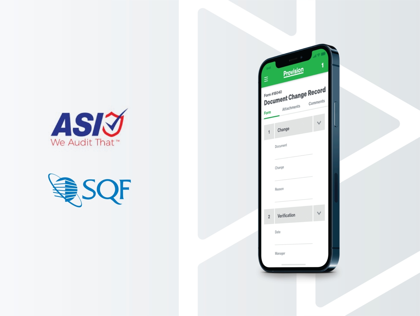 asi and sqf logos beside document change record form on mobile