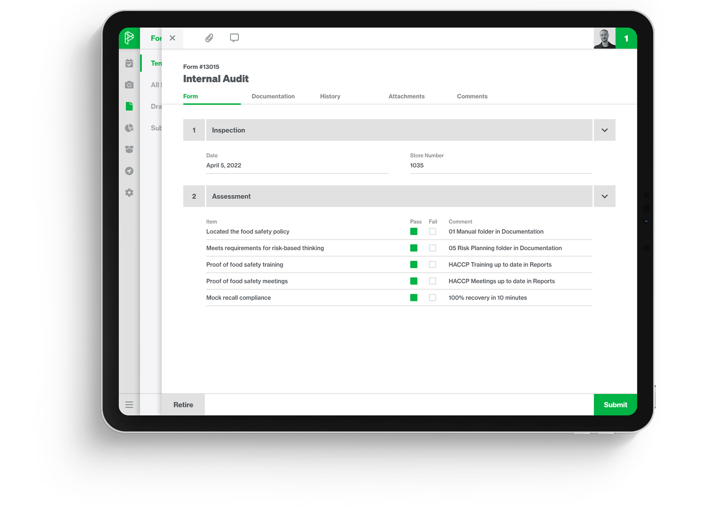 Internal audit form  on tablet