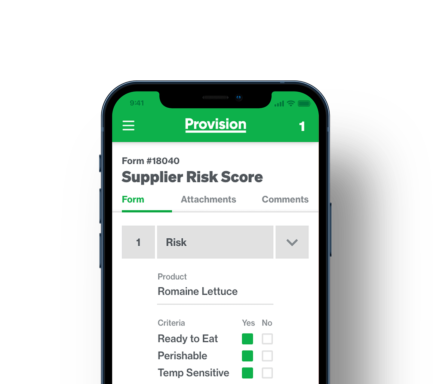 Supplier risk score form on phone