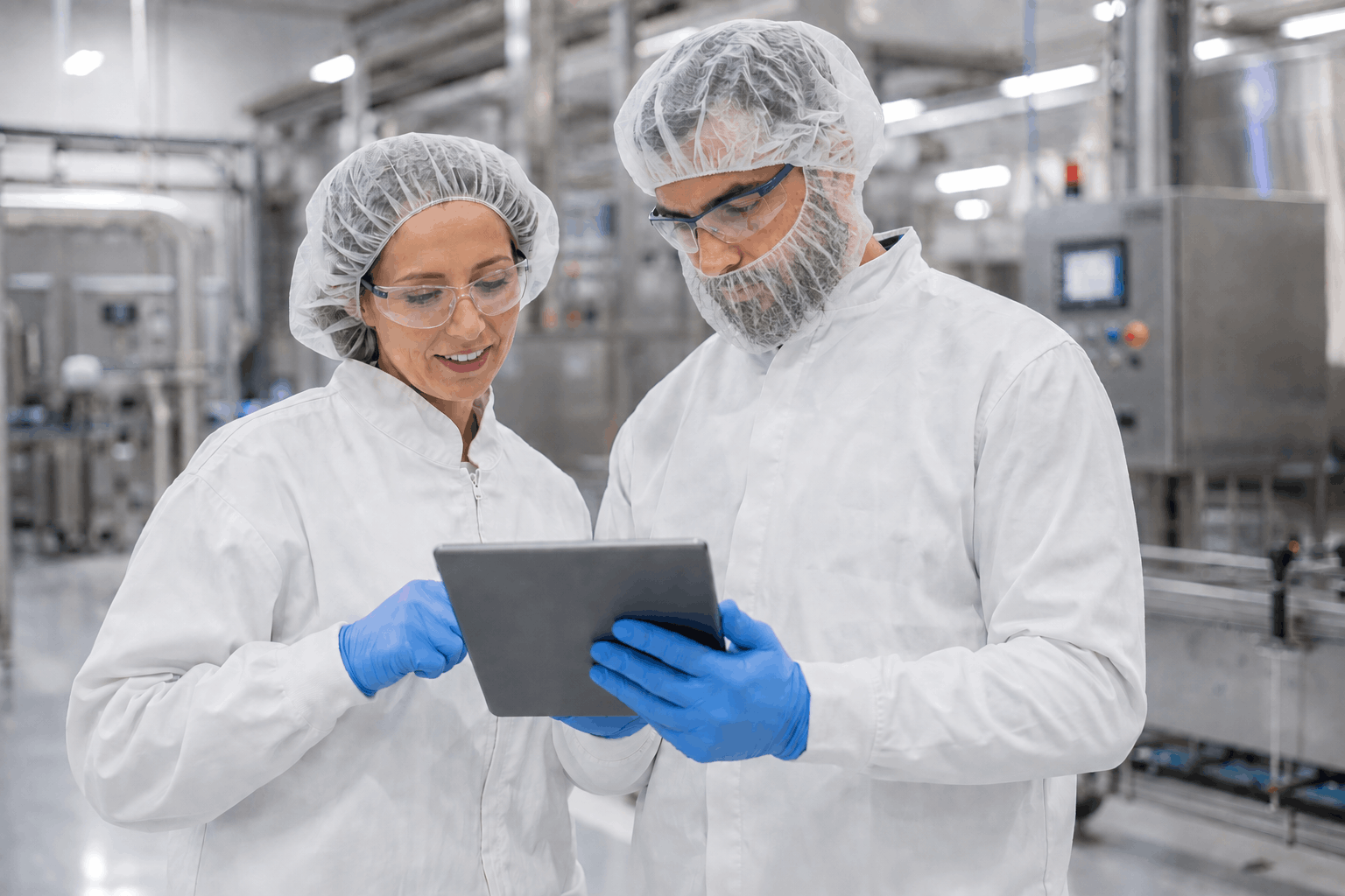 Two food workers in manufacturing facility